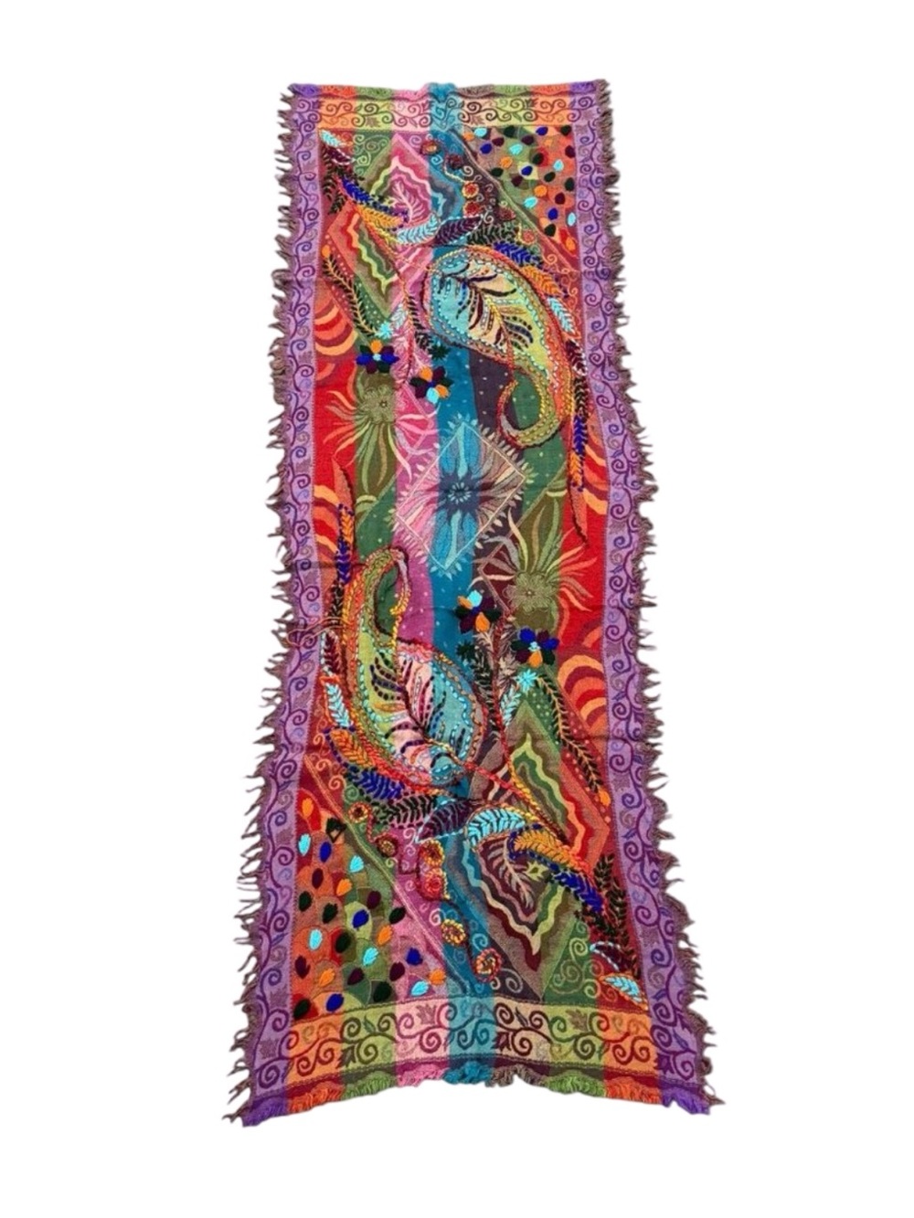 Women’s Boho Embroidered Patchwork Fringe Scarf Multicolor Floral Folk Art Wrap